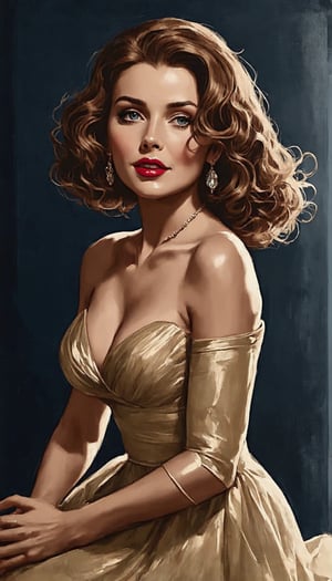 (A beguilingly elegant femme fatale, reminiscent of old Hollywood glamour, exudes the allure of "Casablanca" in every pose. Her cascading locks, styled in vintage waves, frame a face graced with smoky eyes and scarlet lips, embodying timeless beauty. The background, a smoky jazz club, sets the scene for intrigue and romance. This hyper-realistic painting captivates with its exquisite attention to detail, evoking the golden age of cinema with stunning clarity and depth), Detailed Textures, high quality, high resolution, high Accuracy, realism, color correction, Proper lighting settings, harmonious composition, Behance works,sheila