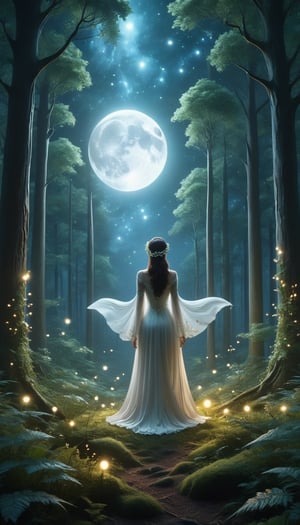 A mysterious moonlit forest, with towering trees looming like sentinels, their leaves rustling in the whisper-soft breeze. A lone figure, dressed in flowing white attire, stands at the edge of a clearing, arms outstretched as if embracing the night sky. The soft glow of fireflies dances around them, casting an ethereal light on the scene, capturing this strange and beautiful moment where reality blurs with fantasy, (Detailed Textures, high quality, high resolution, high Accuracy, realism, color correction, Proper lighting settings, harmonious composition, Behance works)