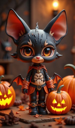 🦇A diorama where a bat and a kitten seamlessly blend into a bobblehead doll. Kawaii, a little creepy, big sparkly eyes, a Halloween-themed background set, and atmospheric studio lighting.Halloween_Figure,VNS_Add more details