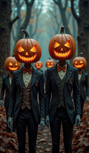 Creepy zombie-like characters standing side by side in a dark forest. All of the characters have pumpkin jack-o'-lanterns as heads, and wear suits and bow ties. The jack-o'-lanterns have sharp eyes, large triangular noses, and mouths with sharp, fearless smiles, and the eyes glow eerily with orange light. The characters' faces have blue-green zombie-like skin, and some of them have slightly bald hair, creating an eerie atmosphere. The background is a dark, foggy forest with dead trees standing around them. The characters wear old-fashioned, formal suits with orange accents. The overall color scheme is dark, and the style is a fusion of horror and comical atmospheres. The characters' eyes have a strong orange light, and are depicted as shining in the dark. The suits are black, navy, and sometimes cream, and have a formal design. Orange is used as an accent color in the bow ties and pocket squares. The pumpkin expressions are subtly different for each character, creating a unique design that is a mix of horror and humor.Halloween_Figure,VNS_Add more details