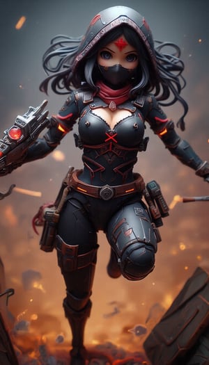 Ultra-detailed figure. The dynamic digital artwork depicts a female ninja character moving about in an action-packed scene, positioned slightly right of center. She wears a sleek black hooded outfit with red accents, a form-fitting design with strategic cutouts and metallic details. The outfit includes a skin-tight black bodysuit with narrow V-shaped cutouts that reveal some skin. Her forearms are adorned with red glowing accent lights and intricately designed metal armguards, and her mouth and nose are covered by a black mask, so only her piercing eyes are visible. A red "X" symbol is emblazoned in the center of her forehead, and a red scarf or bandana is wrapped around her head. Her long black hair is swept dramatically back, suggesting quick movement. The character's right arm is extended forward, and on her left hand she holds a metal gauntlet with a glowing red gem or power source, emphasizing the futuristic theme. The background is blurred, and the warm amber hues from the lighting and scattered glowing orange specks resembling embers and sparks add depth and power to the scene. The lighting is dramatic, with soft highlights creating a high-contrast effect that accentuates the texture and detail in her outfit. The overall atmosphere is intense and mysterious, further enhanced by the image's high contrast, medium saturation and balanced exposure. The color palette includes midnight blue, jet black, crimson red, steel gray and amber yellow, contributing to a dark fantasy theme with a strong sense of action and heroism.,create figure 2