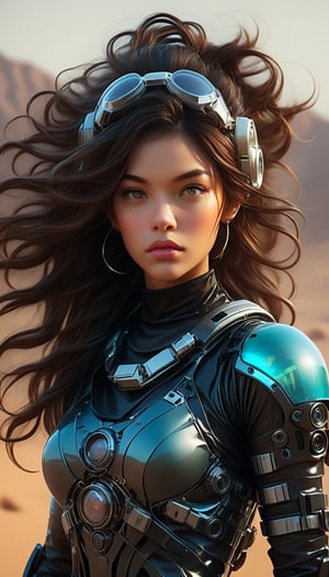 (A digital portrait of striking clarity, intricacy, and ornate detail, rendered dynamically in high quality. The style echoes the distinct aesthetics of Artgerm, Loish, Charlie Bowater, and Sara Tepes. It features a beautiful woman with a feminine allure, standing amidst a sandy desert. The scene is set against a backdrop of a futuristic eclipse, with geometric, chromatic, and biomechanical elements, evoking a science fiction and cyberpunk vibe. She is adorned in a casual attire that incorporates elements of latex, vinyl, plastic, glass, and LED lights, suggesting a cyborg or spacesuit influence), Detailed Textures, high quality, high resolution, high Accuracy, realism, color correction, Proper lighting settings, harmonious composition, Behance works,Cinematic,IMGFIX,ct-jeniiii