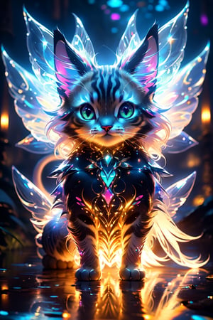 (KAWAII, a holographic cat-like creature with sparkling fine scales, a fantasy creature, a cute creature with fluorescent wings), detailed texture, high quality, high resolution, high resolution, accuracy, realism, color correction, proper lighting settings, low noise, sharp edges, harmonious composition,cat