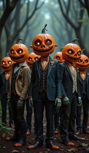 Creepy zombie-like characters standing side by side in a dark forest. All of the characters have pumpkin jack-o'-lanterns as heads, and wear suits and bow ties. The jack-o'-lanterns have sharp eyes, large triangular noses, and mouths with sharp, fearless smiles, and the eyes glow eerily with orange light. The characters' faces have blue-green zombie-like skin, and some of them have slightly bald hair, creating an eerie atmosphere. The background is a dark, foggy forest with dead trees standing around them. The characters wear old-fashioned, formal suits with orange accents. The overall color scheme is dark, and the style is a fusion of horror and comical atmospheres. The characters' eyes have a strong orange light, and are depicted as shining in the dark. The suits are black, navy, and sometimes cream, and have a formal design. Orange is used as an accent color in the bow ties and pocket squares. The pumpkin expressions are subtly different for each character, creating a unique design that is a mix of horror and humor.Halloween_Figure,VNS_Add more details