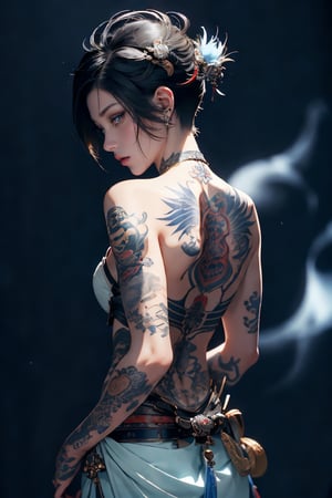 (With the theme of "Genshin & Tattoos", a beautiful back depicting an amazingly beautiful short-haired woman, high artistry with studio lighting, vivid colors, and deep depth of field), Detailed Textures, high quality, high resolution, high resolution Accuracy, realism, color correction, Proper lighting settings, low noise, sharp edges, harmonious composition,1 girl