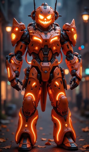 Mobile suit, Halloween pumpkin coloring, unique design like no other, 🎃, LED light outlines on each joint, background of futuristic city night view, Halloween_Figure