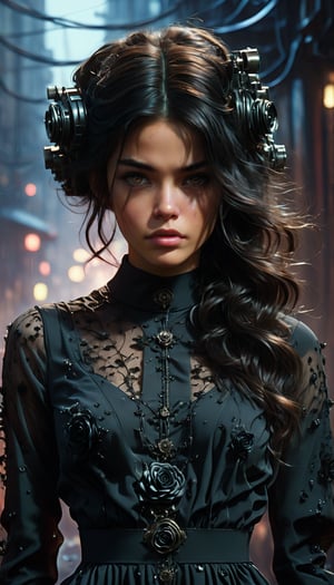 (A beautiful young woman with long dark hair wears a long sleeved, high necked black dress. There are black roses around her and also black roses in the background. This image is a highly detailed, high quality, surreal masterpiece photography featuring sharp focus, light emitting diodes, smoke, cannons, sparks, racks, system units and motherboards. It is inspired by the surrealist paintings of Pascal Blanche, Rutkowski-Lépin and Art Station, detailed character design concept art, matte paintings and a Blade Runner-esque aesthetic in 4K resolution.), Detailed Textures, high quality, high resolution, high Accuracy, realism, color correction, Proper lighting settings, harmonious composition, Behance works,Cinematic,IMGFIX,ct-jeniiii