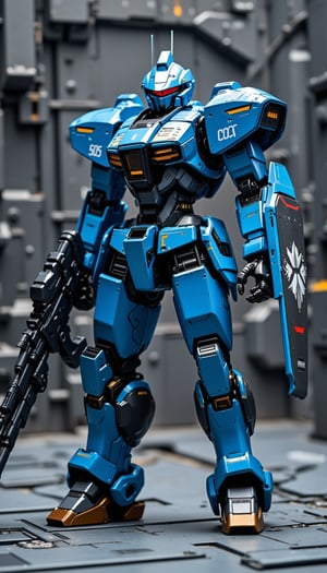 A centered photograph of a detailed toy or model robot figure in vibrant sky blue paint with metallic silver accents, standing in a dynamic, action-ready pose against a complex gray industrial background. The robot has a muscular build with intricately designed armor plates on its chest, shoulders, abdomen, and knees, featuring multiple segments and articulated joints. Its head is covered by a helmet with a distinctive red visor and black highlights around the eyes, giving it a futuristic appearance. The figure's chest area showcases a black central section with blue highlights and white markings, including the number '605' on the left shoulder plate and 'IV' on the right upper arm. A large rectangular shield with white text '6045' and 'Foundations' in a mix of white and red, adorned with a white emblem resembling a star or flower design, is positioned on its right arm. The left hand holds a large, metallic gray rifle with a long barrel, intricate details, and a scope mounted on top. The knee joints, ankles, wrists, and fingers are metallic silver, offering a stark contrast to the blue armor. The robot's feet are large and chunky, with bronze-colored toe plates and thick soles. The background consists of a complex gray industrial panel setup with structural beams, pipes, and various technical elements, enhancing the futuristic theme and providing a stark contrast to the vibrant blue robot. The lighting is soft and diffused, highlighting the details and textures of both the robot and the background without casting harsh shadows, ensuring all elements are clearly visible and emphasizing the high level of detail in the scene,epic mecha