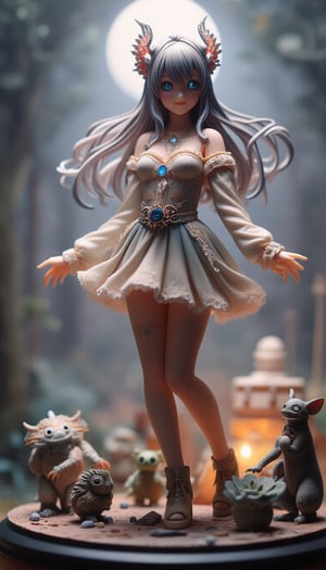 Realistic, ultra-high definition figure diorama. In a fantastical forest, soft moonlight shines through the trees, creating a mysterious misty scene. In the center stands a beautiful elf-like woman, her long silver hair swaying in the wind, her shining eyes shining like a starry sky. Her outfit is an elegant dress decorated with delicate lace and jewels, which magically reflects the light. Around her, fantastical creatures gather to protect her. Ancient ruins can be seen in the background, from which a mysterious light is emitted. The colors are soft overall, and the pastel shades emphasize the fantastical atmosphere.,create figure 2