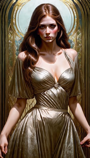 (Artwork as if created by a progeny of Leonardo Da Vinci and Alphonse Mucha, depicting a beautiful woman with a gynoid form, intricately detailed, a high-quality illustration that merges regal elegance with futuristic design), Detailed Textures, high quality, high resolution, high Accuracy, realism, color correction, Proper lighting settings, harmonious composition, Behance works
