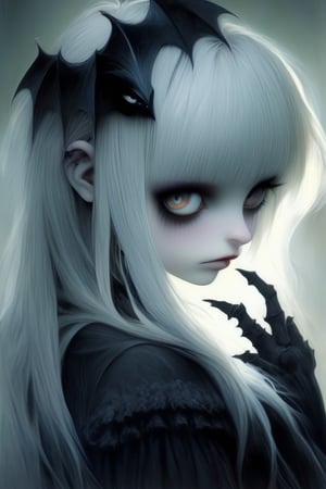 1girl, solo, long hair, bangs, blonde hair, dress, upper body, black eyes, grey eyes,goth person