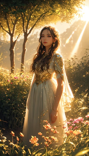 (A woman stands in a garden not of this world, amidst a breathtaking landscape where nature basks in the glow of sunset. This scene, reminiscent of 'Paradise Lost,' carries a spiritual and surreal quality. Trees that seem to whisper ancient secrets, fine art that comes to life with tan skin rendered in high detail, smooth textures, and a focus so sharp it feels like you could step into the image. The illustration captures her bathing in a celestial light, an ultra-realistic portrayal set against a backdrop of high contrast and complementary colors), Detailed Textures, high quality, high resolution, high Accuracy, realism, color correction, Proper lighting settings, harmonious composition, Behance works,1 girl,Detailedface