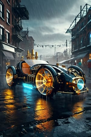 (Cyber steampunk car. aurora headlights. A thin neon line on the car body. The city at dusk. A world-famous design image that defies the laws of physics. Advanced artificial intelligence systems that blur the line between human consciousness and cybernetics. Travel to the end of time and the thermal death of the universe and the collapse of all matter and energy. 3D rendering, cybernetic realism, surreal photography with an isometric center on the cover, and an amazing full-color dark urban atmosphere drenched in rain.), Detailed Textures, high quality, high resolution, high Accuracy, realism, color correction, Proper lighting settings, harmonious composition, Behance works,c_car,science fiction,Concept Cars,DonMSt34mPXL