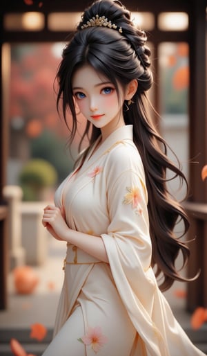 one woman, solo, long hair, looking at viewer, smiling, blue eyes, black hair, hair accessories, jewelry, mouth closed, upper body, braids, earrings, outdoors, hair in bun, looking to the side, leaves, Japanese kimono style dress, single hair in bun, Japanese architecture,SH,Resin Figure,masterpiece,cool_Anime