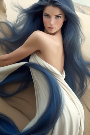 (Stunningly beautiful woman, dark blue soft long hair, flexible waist, gentle breeze), (photorealistic:1.4), detailed texture, high quality, high resolution, high precision, realism, color Correction, proper lighting settings, harmonious composition, Behance work