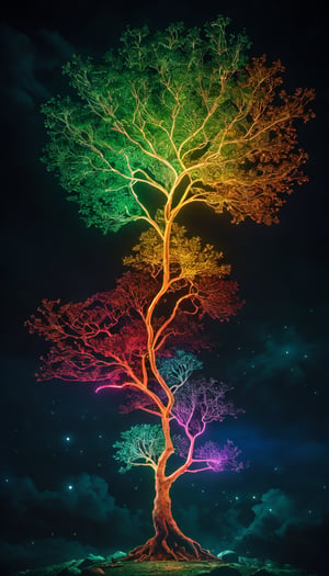 (Capture the solitary tree with its filaments in vivid multicolor hues. Esoteric landscape of Hokusai and Anne Bachelier, An intense, dynamic close-up of a tree fractal creates a cosmic illusion, a spectacle of filament marvels. Splashes of multicolored crimson paint symbolize the void in mycelial nothingness. This is a cosmic journey captured in a dark fantasy photograph, featuring yellow, green, red, orange, translucent, and bright elements, all in high resolution), Detailed Textures, high quality, high resolution, high Accuracy, realism, color correction, Proper lighting settings, harmonious composition, Behance work,FFIXBG