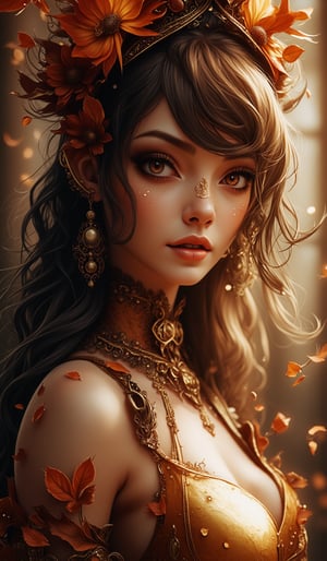 Generate images of beautiful, slender, young female characters with a seasonal autumn fantasy theme. Images should be highly intricate, elegant, and visually striking, resembling digital paintings. Concept art should be highly detailed and show off their beauty. Artwork will be created by highly skilled artists known for their attractive, high-quality models. Character designs will be created by Pascal Blanc-Szlutkowski, known for his hyper-realism. Images should be of the highest quality with cinematic lighting and 16k resolution. Pay close attention to symmetry, making the characters mysterious and alluring. Artwork should be a masterpiece that displays total perfection and incredible attention to detail, including macro details, voluminous light, realistic reflections on surfaces, and ultra-detailed textures. Utilize cinematic effects to enhance the overall visual impact. For best quality, images should be UHD and sharply focused.