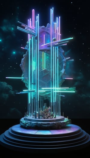 (Constellation map shaped with LEDs and neon tubes, iridescent highlights against the background of environmental occlusion, conceptual sculpture with LED lights, light negative index effect surrounded by abstract pillars and totems, gestures A layered nebula-clad subject incorporating a digital collage), Detailed Textures, high quality, high resolution, high Accuracy, realism, color correction, Proper lighting settings, harmonious composition, Behance works,Cinematic,IMGFIX,ct-jeniiii
