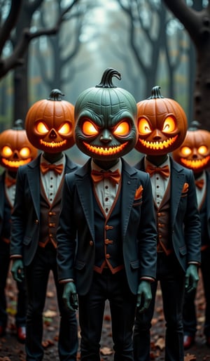 Creepy zombie-like characters standing side by side in a dark forest. All of the characters have pumpkin jack-o'-lanterns as heads, and wear suits and bow ties. The jack-o'-lanterns have sharp eyes, large triangular noses, and mouths with sharp, fearless smiles, and the eyes glow eerily with orange light. The characters' faces have blue-green zombie-like skin, and some of them have slightly bald hair, creating an eerie atmosphere. The background is a dark, foggy forest with dead trees standing around them. The characters wear old-fashioned, formal suits with orange accents. The overall color scheme is dark, and the style is a fusion of horror and comical atmospheres. The characters' eyes have a strong orange light, and are depicted as shining in the dark. The suits are black, navy, and sometimes cream, and have a formal design. Orange is used as an accent color in the bow ties and pocket squares. The pumpkin expressions are subtly different for each character, creating a unique design that is a mix of horror and humor.Halloween_Figure,VNS_Add more details