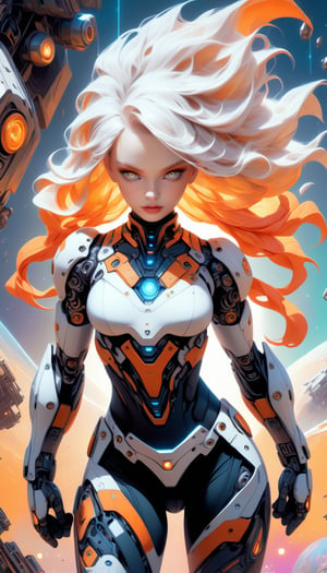 (transparent leggings, anti gravity, midriff, perfect body, scifi mech background boarding, head piece, cute albino young woman with her beast, medium wavy haircut, casual custom, vibrant skin, extremely delicate, insanely detailed, hd, vibrant tones, approaching perfection, perfect anatomy, realistic eyes, portrait, semi-realistic, fine line, painting art, painted, black and orange color gradience skin, upper body, artwork masterpiece, sketch, fine line art, vibrant color, magical rough rough shading, vivid color, filigree), Detailed Textures, high quality, high resolution, high Accuracy, realism, color correction, Proper lighting settings, harmonious composition, Behance works,Leonardo Style,pturbo,A girl dancing ,sad