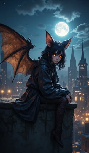 🦇 Mysterious digital art of a beautiful girl seamlessly blending with a bat. With artistically beautiful bat wings on her back, she sits on the rooftop of a building in the night skyline, silently gazing at the viewer. Her lonely expression and mysteriously glowing golden eyes. The mysterious scene that seems to disappear into the night skyline has the charm of drawing the viewer into a mysterious and unsettling world. A slightly eerie, Halloween-themed background, with atmospheric moonlight lighting.VNS_Add more details,cute