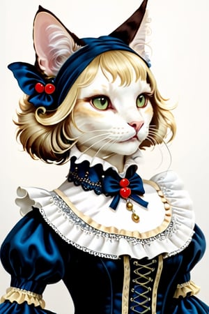 (A fusion of Renaissance European noble fashion and modern Gothic Lolita costumes, the cat wears an intricately ruffled collar, embroidered velvet garment, and lace accessories. This cat embodies both aristocratic elegance and modern Gothic charm, creating a unique and surreal aesthetic. cat themed, Detailed Textures, high quality, high resolution, high Accuracy, realism, color correction, Proper lighting settings, harmonious composition, Behance works
