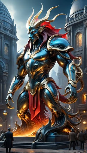 (Huge statue of ancient technological electronic ancient creature in mysterious grey city in Lovecraft style, gold, blue and red, art earl norem, intricate, detailed, 32k), Detailed Textures, high quality, high resolution, high Accuracy, realism, color correction, Proper lighting settings, harmonious composition, Behance works