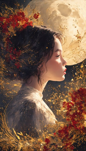 (1girl, Golden petals and red flowers form intricate patterns against the backdrop of the moon, reminiscent of the styles of Yoann Lossel, Cyril Rolando, Nan Goldin, Lee Bontecou, and Loish), Detailed texture, High quality, High resolution, High precision, Realism, Color correction, Proper lighting settings, Harmonious composition, Behance Works,detail-rendering,Watercolor
