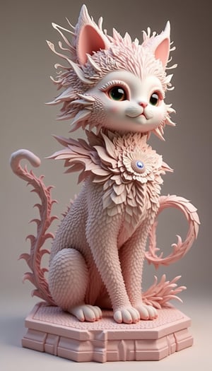 This digital art piece presents a full-body polymer clay sculpture of a cat, boasting an extraordinary level of detail. The cat features a fluffy fur texture and is adorned with glittering filigree elements that add a touch of fantasy. The artwork, influenced by the styles of Craola, Jasmine Becket-Griffith, and Cyril Rolando, is a concept model that stands out with its centered and perfect composition. The complex pose of the cat, combined with the intricate design details, creates a bright and dynamic visual experience. The sculpture is displayed on a hexagonal stand against a neutral board background, resembling a professional studio photograph, KAWAII, visionary art style