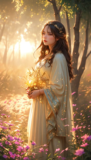 (A woman stands in a garden not of this world, amidst a breathtaking landscape where nature basks in the glow of sunset. This scene, reminiscent of 'Paradise Lost,' carries a spiritual and surreal quality. Trees that seem to whisper ancient secrets, fine art that comes to life with tan skin rendered in high detail, smooth textures, and a focus so sharp it feels like you could step into the image. The illustration captures her bathing in a celestial light, an ultra-realistic portrayal set against a backdrop of high contrast and complementary colors), Detailed Textures, high quality, high resolution, high Accuracy, realism, color correction, Proper lighting settings, harmonious composition, Behance works,1 girl,Detailedface