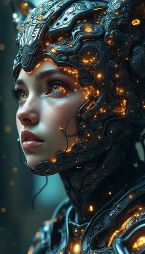 Jean-Baptiste Monge-esque, super cute space dream, young female cyborg fused with an Amur leopard, detailed face facing the camera, seamlessly blending Amur leopard features with feminine expression, iris-colored eyes emerging from detailed tissue structure, composite, ultra-realistic, color electron micrograph by Tim Walker, macro photography by Miki Asai, close-up, ultra-detailed, Art Station Trends, sharp focus, studio photography, intricate details, high detail,FuturEvoLabArmor