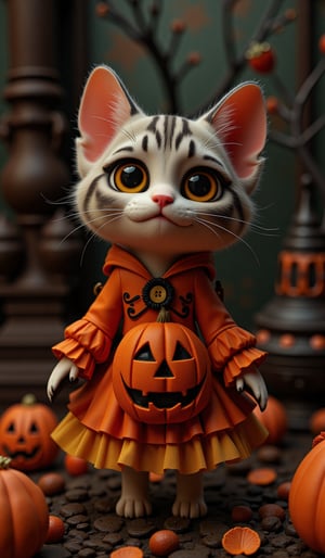 Highly deformed, bobblehead-style figurine diorama. A stunning photograph that embodies the rococo-punk art style, featuring a wide-eyed cat girl in a Halloween pumpkin-themed outfit. The darkness surrounding her is illuminated by meticulous lighting from a soft box, capturing every intricate detail with clarity. Reflecting Greg Rutkowski's outstanding catalog design, this piece was a hit on Artstation and would be perfect for the cover of a high-end fashion magazine,Halloween_Figure,disney style