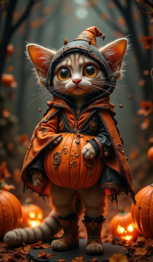 Highly deformed, bobblehead-esque diorama. A stunning photograph that embodies the baroque-punk art style, featuring a very large, wide-eyed cat dressed in a costume with a Halloween pumpkin as the main theme. The darkness around the cat is illuminated by meticulous lighting from a softbox, capturing the intricate details in sharp detail. Reflecting the great catalog designs of famous artists, this piece is a hit on Artstation and would be perfect for the cover of the high-end fashion magazine "Halloween_Figure".VNS_Add more details