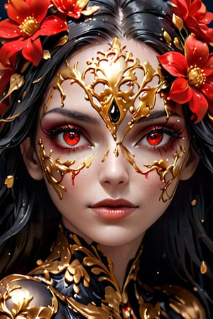 (Close-up shot of an amazingly beautiful woman, gold and black, bright red covering her eyes, flowers made of icing melting over her eyes, amazing fantasy style), Detailed Textures, high quality, high resolution, high Accuracy, realism, color correction, Proper lighting settings, harmonious composition, Behance works