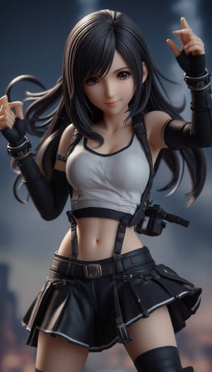 Super detailed figure diorama. Tifa Lockhart from Final Fantasy VII, vivid knee kick pose, dynamic hairstyle, original costume design for Tifa from Final Fantasy VII, black skirt for Tifa, symmetrical costume, best costume simulation, windy night, smiling, front shot, zoom in, intimate shot, character looking at camera, staring at you, highly active dexterity, white crop top, elbow pads, fingerless gloves, future Midgard background, TifaLockhart,create figure 2