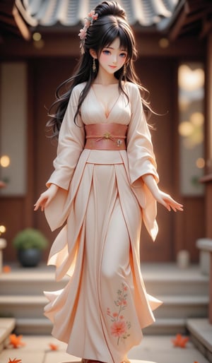 one woman, solo, long hair, looking at viewer, smiling, blue eyes, black hair, hair accessories, jewelry, mouth closed, upper body, braids, earrings, outdoors, hair in bun, looking to the side, leaves, Japanese kimono style dress, single hair in bun, Japanese architecture,SH,Resin Figure,masterpiece,cool_Anime