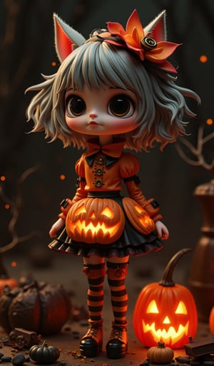 Highly deformed, bobblehead-style figurine diorama. A stunning photograph that embodies the rococo-punk art style, featuring a wide-eyed cat girl in a Halloween pumpkin-themed outfit. The darkness surrounding her is illuminated by meticulous lighting from a soft box, capturing every intricate detail with clarity. Reflecting Greg Rutkowski's outstanding catalog design, this piece was a hit on Artstation and would be perfect for the cover of a high-end fashion magazine,Halloween_Figure,disney style