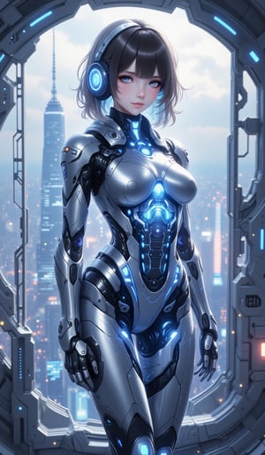 Stylish knee-shot. A highly detailed futuristic cyborg woman stands in a metallic, high-tech environment, with visible mechanical parts integrated into her body. The cyborg has sleek robotic limbs and a transparent torso through which the intricate machinery and glowing parts are visible. Her posture is graceful and confident, while a futuristic cityscape unfolds outside the window. The lighting is soft and reflects off the metallic surfaces, and the overall color tone is in shades of chrome, silver and blue. The scene exudes a high technology and sci-fi aesthetic inspired by cyberpunk themes.anime,Mecha