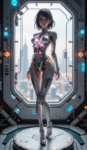 Cyborg figure diorama in a futuristic scene. Highly detailed futuristic cyborg woman standing in a metallic and high-tech environment, with visible mechanical parts integrated into her body. The cyborg has sleek robotic limbs and a transparent torso showing intricate machinery and glowing components. Her posture is elegant and confident, with a view of a futuristic cityscape outside the window. Lighting is soft, with reflections on metallic surfaces, and the overall color palette includes shades of chrome, silver, and blue. The scene exudes a sense of advanced technology and science fiction aesthetics, inspired by cyberpunk themes.,VNS_Add more details,cool_Anime,create figure 2