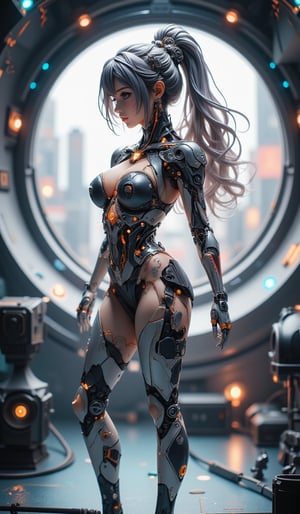 Cyborg figure diorama in a futuristic scene. Highly detailed futuristic cyborg woman standing in a metallic and high-tech environment, with visible mechanical parts integrated into her body. The cyborg has sleek robotic limbs and a transparent torso showing intricate machinery and glowing components. Her posture is elegant and confident, with a view of a futuristic cityscape outside the window. Lighting is soft, with reflections on metallic surfaces, and the overall color palette includes shades of chrome, silver, and blue. The scene exudes a sense of advanced technology and science fiction aesthetics, inspired by cyberpunk themes,VNS_Add more details,cool_Anime,create figure 2