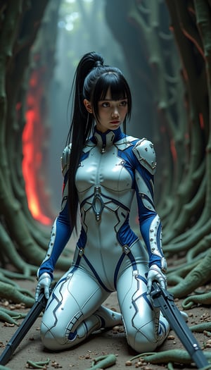 Futuristic scene depicting a young female warrior in advanced combat gear. She is on one knee with her left foot on the ground, her left hand on the ground, and in her right hand she holds a long, sleek black sword. Her outfit blends elements of a sailor uniform and a high-tech bodysuit, with metallic sheen and shiny accents, especially on her right arm and chest. She has long, straight black hair tied in a high ponytail, and her expression is determined yet calm. Her suit is primarily white and blue, with intricate patterns and visible high-tech gadgets, reflecting cyberpunk and sci-fi themes. The background is dark and organic, with the walls covered in what appear to be large, tangled roots or alien growths. There is a subtle reddish-orange light coming from behind, illuminating the scene and casting soft shadows on the ground. The setting suggests an alien environment or a post-apocalyptic world dominated by nature, with a mix of futuristic and organic elements. The overall atmosphere is tense yet calm, with an emphasis on the protagonist preparing for battle in an enigmatic, otherworldly setting.