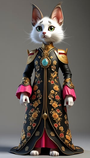 A detailed 3D rendering of an anthropomorphic Siamese cat character, standing upright, facing slightly to the right and sporting a regal expression. The cat's face is white, with black markings on its ears and a distinctive vertical midline running down its forehead. Its large, expressive eyes are a striking combination of light blue and golden yellow that contrasts sharply with its pale skin. Its fur is short and fluffy, with subtle shading that gives it depth and texture. The character wears an elaborate black dress adorned with intricate gold embroidery featuring floral and baroque-inspired designs. The dress has a high collar with heart-shaped cutouts and is accented with pale gold trim. The sleeves are long and flared, with gold bands on the forearms and vibrant pink under the sleeves. A small round sky blue gemstone sits in the center of the chest, surrounded by an ornate gold pattern. The outfit includes gold arm guards on both arms and gold bracelets on both wrists. The cat's paws are white and delicately painted, resting on her lap with her fingers slightly bent. A delicate gold necklace with a small pendant hangs from her collar. The background has a smooth gradient from light grey on the left to slightly warmer tones on the right, providing a neutral backdrop to highlight the figure and her outfit. The lighting is soft, even and diffused, highlighting the texture and details of the dress and the cat's features, but without creating harsh shadows, resulting in a balanced exposure of medium brightness and natural tones. The overall composition places the figure in the center of the interior background of a Chinese palace, emphasizing the elegance and refinement of her outfit and creating a noble and fantastical atmosphere.,Japan Costume