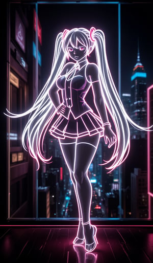 A full-body silhouette, outlined only, in the neon shape of Hatsune Miku's silhouette, colorless body, with only the outline in neon tube light illumination, shining brightly with a neon intensity of 1.4, set against a dancing pose and a Night view of the city background.,hologram