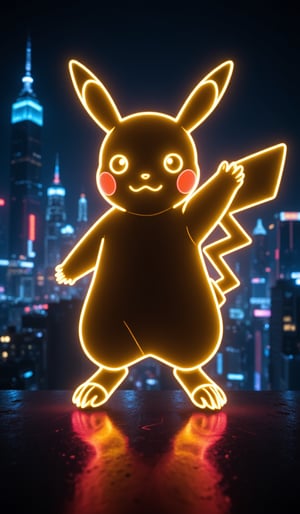 A full-body silhouette, outlined only, in the neon shape of Pikachu's silhouette, colorless body, with only the outline in neon tube light illumination, shining brightly with a neon intensity of 1.4, set against a dancing pose and a Night view of the city background.,hologram