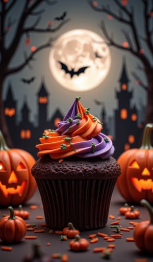 Dark chocolate-based cupcake placed in a dark Halloween atmosphere. Bright purple and orange cream is swirled on top of the cupcake, some of which are accented with green lines. Small orange pumpkin decorations are scattered around the cupcake. In the background, several jack-o'-lanterns are placed, with spider webs and Halloween decorations hanging behind them. A full moon is visible, and silhouettes of bats are flying. The overall color scheme is dark, and the moonlight is weak, making the cupcake and pumpkin stand out. The photo-like details emphasize the contrast of light and shadow.
The background is in dark gray and black tones, creating a spooky atmosphere befitting Halloween.
The cream on the cupcake is smooth, and the texture of the cream is well-depicted.
The face of the jack-o'-lantern is designed to be a little scary, but also cute.
The light source is conscious of the soft light from the full moon, and casts natural shadows on the objects.
Focus on the details, making the texture of the cupcake and the decorative accessories clearly visible.Halloween_Figure,VNS_Add more details