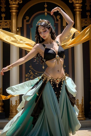 (Woman dancing in a turquoise and black belly dance dress, sparkling veil covering her hair, beautiful face turned towards you, supple pose, Hasselblad photography, alabaster skin, cinematic lighting, soft lighting , dynamic angles, theater background, Yewon in costume belly dance dress, belly_dancer), detailed textures, high quality, high resolution, high precision, realism, color correction, proper lighting settings, harmonious composition, Behance works,belly_dancer