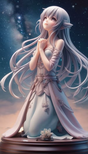 Dedicated to Reiji Matsumoto. A mysterious woman with a thin face, long, beautiful eyes and very long eyelashes. The woman has supple and surprisingly long silver hair, and is quietly closing her eyes, kneeling, looking up at the sky, and praying to the stars with her hands clasped in front of her chest. The background of the nebula and galaxy makes the mysterious woman in an off-the-shoulder long dress even more mysterious.,create figure 2