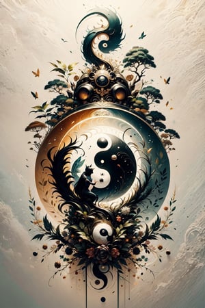 (closed art with yin and yang parts, double exposure, yin and yang divided, one side is day, fairy, one side is night, creepy and strange creatures, , Claora, Andy Kehoe, flat, cute, vintage , cracked paper art, detailed fairy tale illustrations, luminance, pen and ink, surrealist concept art), Detailed Textures, high quality, high resolution, high Accuracy, realism, color correction, Proper lighting settings, harmonious composition, Behance works,yinyangstyle