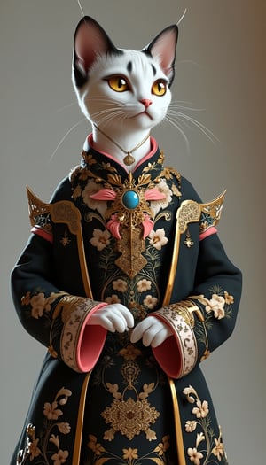 A detailed 3D rendering of an anthropomorphic Siamese cat character, standing upright, facing slightly to the right and sporting a regal expression. The cat's face is white, with black markings on its ears and a distinctive vertical midline running down its forehead. Its large, expressive eyes are a striking combination of light blue and golden yellow that contrasts sharply with its pale skin. Its fur is short and fluffy, with subtle shading that gives it depth and texture. The character wears an elaborate black dress adorned with intricate gold embroidery featuring floral and baroque-inspired designs. The dress has a high collar with heart-shaped cutouts and is accented with pale gold trim. The sleeves are long and flared, with gold bands on the forearms and vibrant pink under the sleeves. A small round sky blue gemstone sits in the center of the chest, surrounded by an ornate gold pattern. The outfit includes gold arm guards on both arms and gold bracelets on both wrists. The cat's paws are white and delicately painted, resting on her lap with her fingers slightly bent. A delicate gold necklace with a small pendant hangs from her collar. The background has a smooth gradient from light grey on the left to slightly warmer tones on the right, providing a neutral backdrop to highlight the figure and her outfit. The lighting is soft, even and diffused, highlighting the texture and details of the dress and the cat's features, but without creating harsh shadows, resulting in a balanced exposure of medium brightness and natural tones. The overall composition places the figure in the center of the interior background of a Chinese palace, emphasizing the elegance and refinement of her outfit and creating a noble and fantastical atmosphere.,Japan Costume