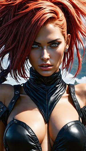 (Envision a stunning post-apocalyptic cyberpunk woman with a fiery red Iroquois hairstyle, clad in a black leather and metal outfit with a deep V-neck off the shoulder, her form entirely a biomechanical marvel. She embodies retro-futurism, presented in a half-body view, exuding femininity with a finely sculpted, detailed, and immaculate face, set against the backdrop of a grand modern cyberpunk palace, reminiscent of Luis Royo's style), Detailed Textures, high quality, high resolution, high Accuracy, realism, color correction, Proper lighting settings, harmonious composition, Behance works,majien